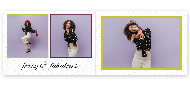 A stylish photobook page with a "forty & fabulous" theme, featuring three images of a woman in a black polka dot blouse and white trousers against a purple background. The layout includes colourful borders and a dotted background, ideal for personalised gifts and photo albums.