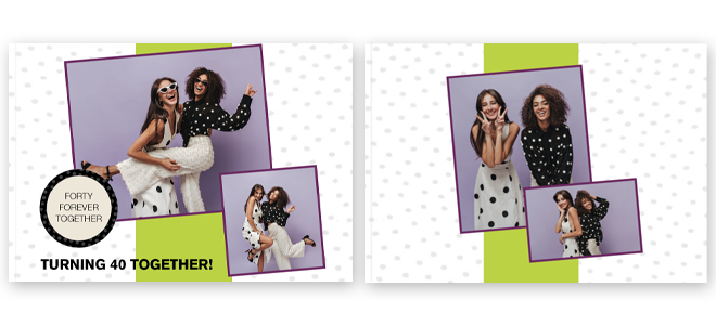 Photo book with a dotty theme cover featuring a playful design with white background and small grey dots. The cover includes vibrant green accents and purple-bordered photo frames showcasing fun images of two women celebrating together. Text reads ''Forty Forever Together'' and ''Turning 40 Together!''. Ideal for personalised gifts, photo albums, and special occasions like birthdays.