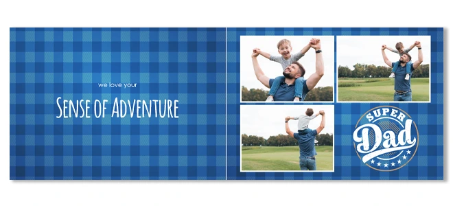 Father''s Day themed photobook with a blue checkered background. The left page features the text ''Sense of Adventure'' in white. The right page displays three photos of a father and child playing outdoors, with a ''Super Dad'' badge in the bottom right corner. Ideal for personalised gifts for dad.