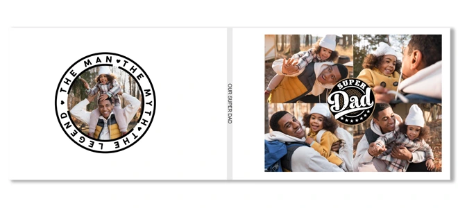 Father''s Day themed photo book cover featuring a collage of family photos with a father and children. The cover includes a circular emblem with the text ''The Man, The Myth, The Legend'' and a ''Super Dad'' badge. Ideal for gifts for dad, personalised gifts in South Africa, and photo albums.