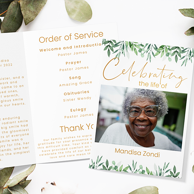 Image of the 'Botanic Memory' order of service booklet, adorned with botanical illustrations, offering a serene and natural tribute for remembering and honoring a loved one’s life.