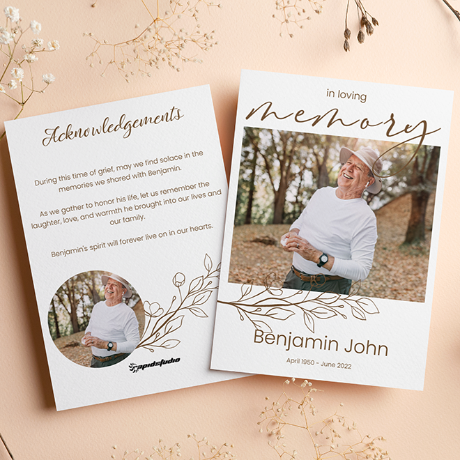 Image of a 'Contemp Memory' order of service booklet, featuring a contemporary design that offers a modern and respectful way to commemorate the life of a loved one during funeral services.