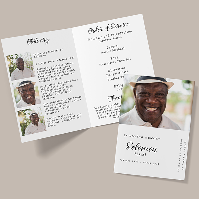 Image of 'Elegant Memories' order of service booklet, beautifully crafted with sophisticated and refined designs, providing a dignified tribute to cherish the memories of a loved one.