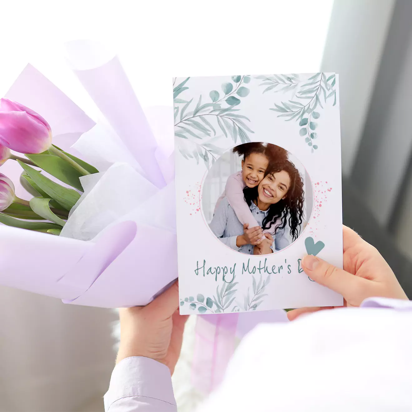 A beautiful A5 Mother's Day greeting card with a blue gum theme, placed on a table. Perfect for expressing heartfelt sentiments, this personalised card makes an ideal gift for her. Thoughtful gift ideas in South Africa.