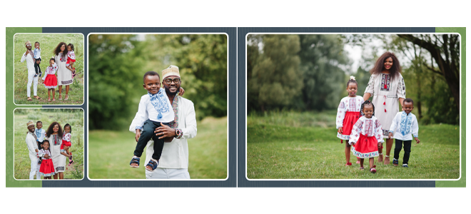 A green-themed photobook spread featuring a family enjoying a day outdoors. The left page has three smaller photos of the family, while the right page has a larger photo of the family walking together. Ideal for personalised gifts, photo albums, and special occasions like Christmas or baby showers.