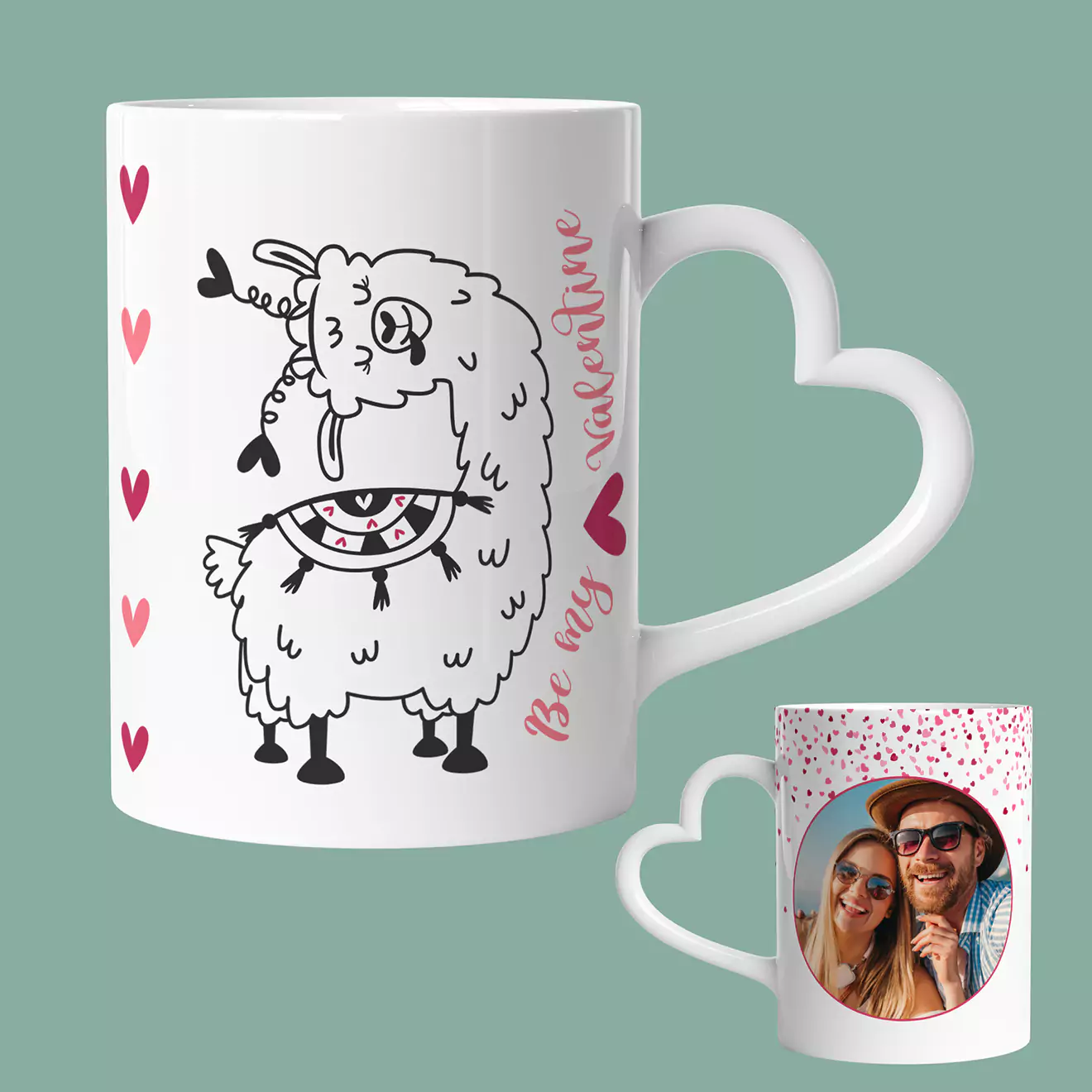 Llama Love-themed personalised mug, featuring adorable llama illustrations set against a backdrop of love and affection. Perfect for those who adore these charming creatures and want to add a whimsical touch to their daily beverage ritual. Customise with names, a special date, or a loving message to create a unique and heartwarming gift.