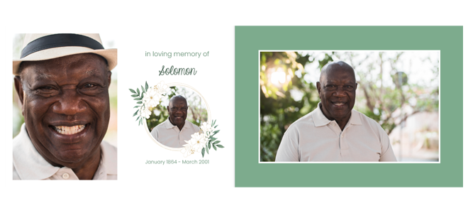 Memorial photo book page featuring two images of an elderly man smiling. The left side includes a circular floral frame with the text ''In loving memory of'' followed by a name and dates ''January 1944 - March 2020''. The right side displays a larger photo of the man in a green-bordered frame.