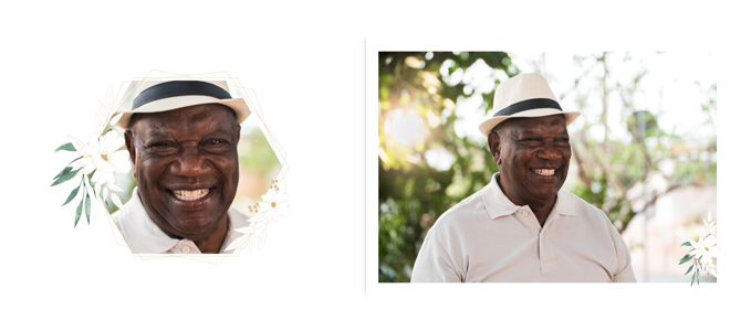 Photobook page featuring two images of a smiling man wearing a white hat and white shirt. The left image is a close-up in a hexagonal frame, while the right image shows the man outdoors with greenery in the background. Ideal for personalised gifts and memory keepsakes.