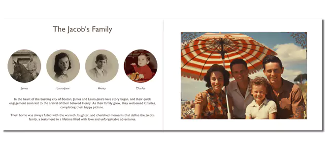 A personalised photo book spread featuring a family history theme. The left page displays black and white and colour portraits of family members with names and a brief description. The right page showcases a vintage family photo under a striped umbrella. Ideal for gifts, including Christmas and baby showers.