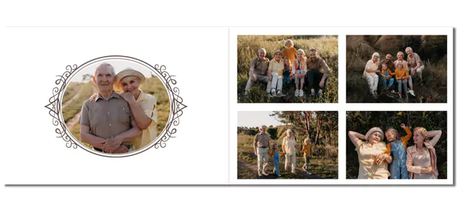 Open photobook displaying a family-themed layout with a vintage design. The left page features a circular photo of an elderly couple with decorative borders, while the right page showcases four family photos in a natural outdoor setting. Ideal for personalised gifts in South Africa, photo albums, and Christmas gift ideas.