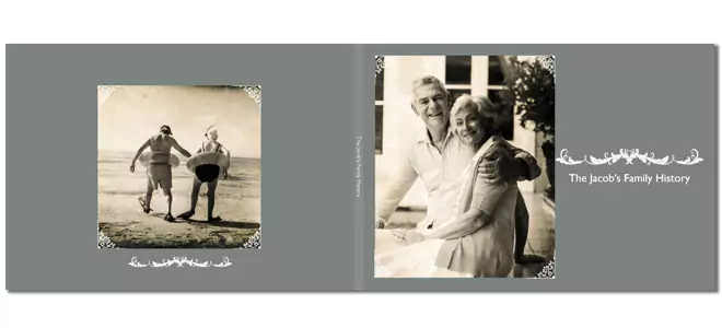 Legacy-themed photobook cover featuring a grey background with vintage-style black and white family photos. The left side displays an old photograph of a couple on a beach, while the right side shows an elderly couple smiling. Elegant white decorative borders frame the images. Ideal for family history keepsakes and personalised gifts.