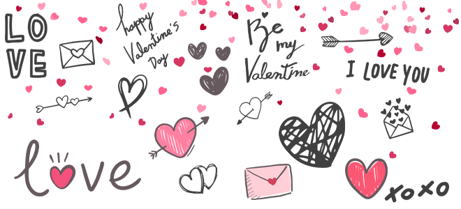 A collection of love-themed clipart on a white background, featuring hand-drawn elements such as hearts, arrows, love letters, and romantic phrases like "Happy Valentine's Day," "Be my Valentine," and "I love you." The clipart includes pink, red, and black colours, perfect for Valentine's Day or romantic-themed projects.