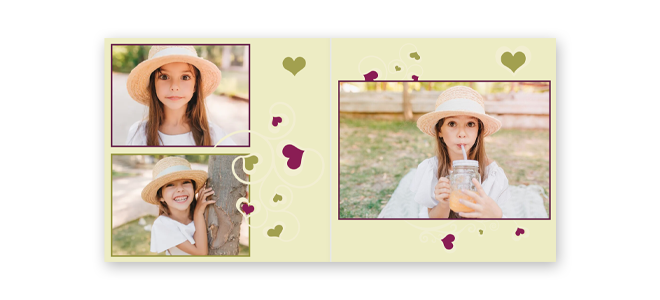 Personalised photo book with a ''Love Tree'' theme, featuring a light yellow background adorned with green and purple heart accents. The open spread showcases three photos of a young girl wearing a hat, enjoying outdoor moments. Ideal for gifts for her, baby shower gift ideas, and Valentine''s Day gift ideas.