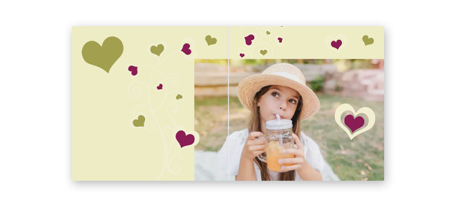 Personalised photobook with a "Love Tree" theme, featuring a light yellow background adorned with green and purple hearts. The cover displays a photo of a woman in a straw hat sipping a drink. Ideal for gifts for her, Valentine's Day gift ideas, or as a photo album book.