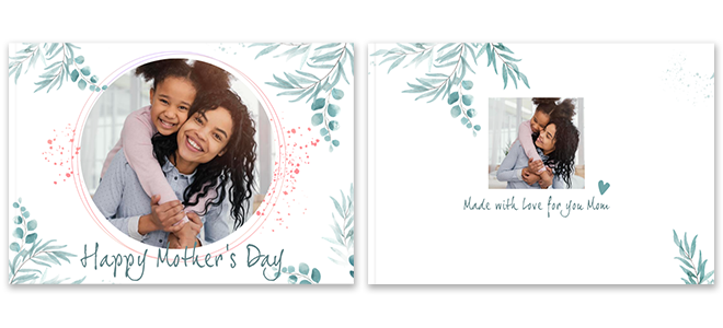 Mother''s Day themed photobook cover featuring a circular photo of a mother and child with ''Happy Mother''s Day!'' text. The design includes delicate green foliage and pink accents. The back cover has a smaller photo with the text ''Made with love for you Mom'' and matching foliage decoration. Ideal for personalised gifts in South Africa.