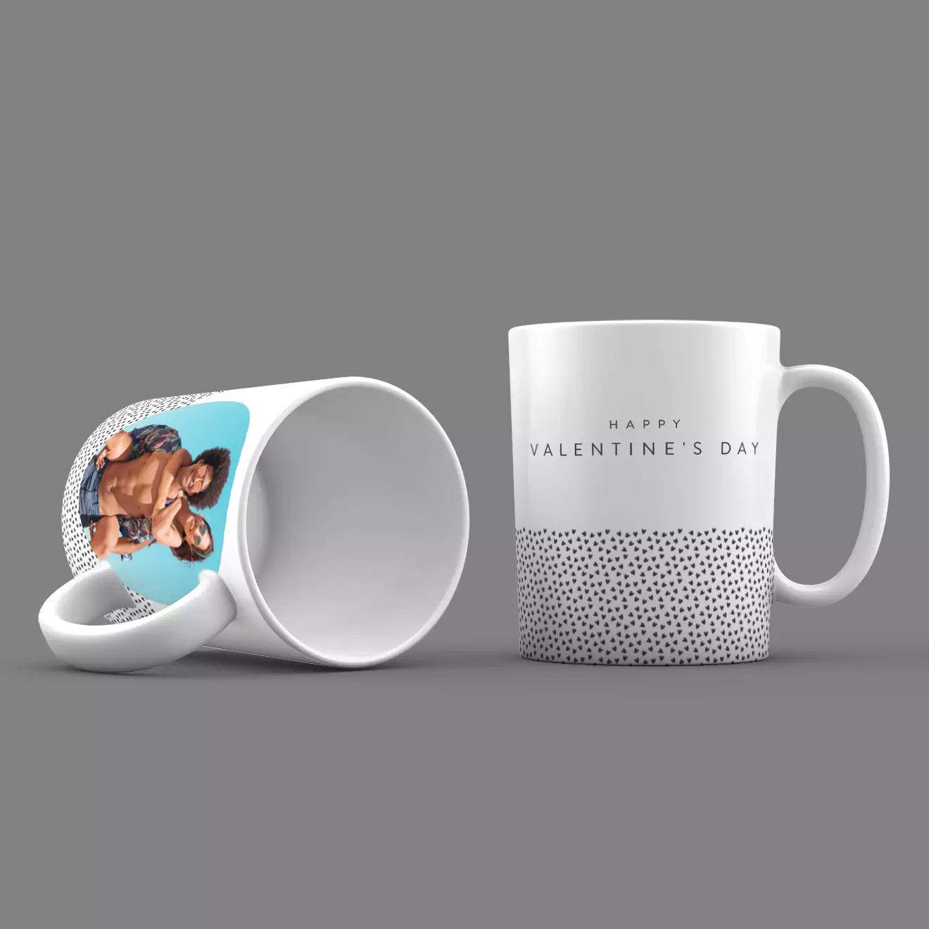 White ceramic mug with a minimalist design featuring small black hearts at the bottom and the text "Happy Valentine's Day" in the centre. Ideal for Valentine's Day gift ideas, personalised gifts in South Africa, and gifts for her.