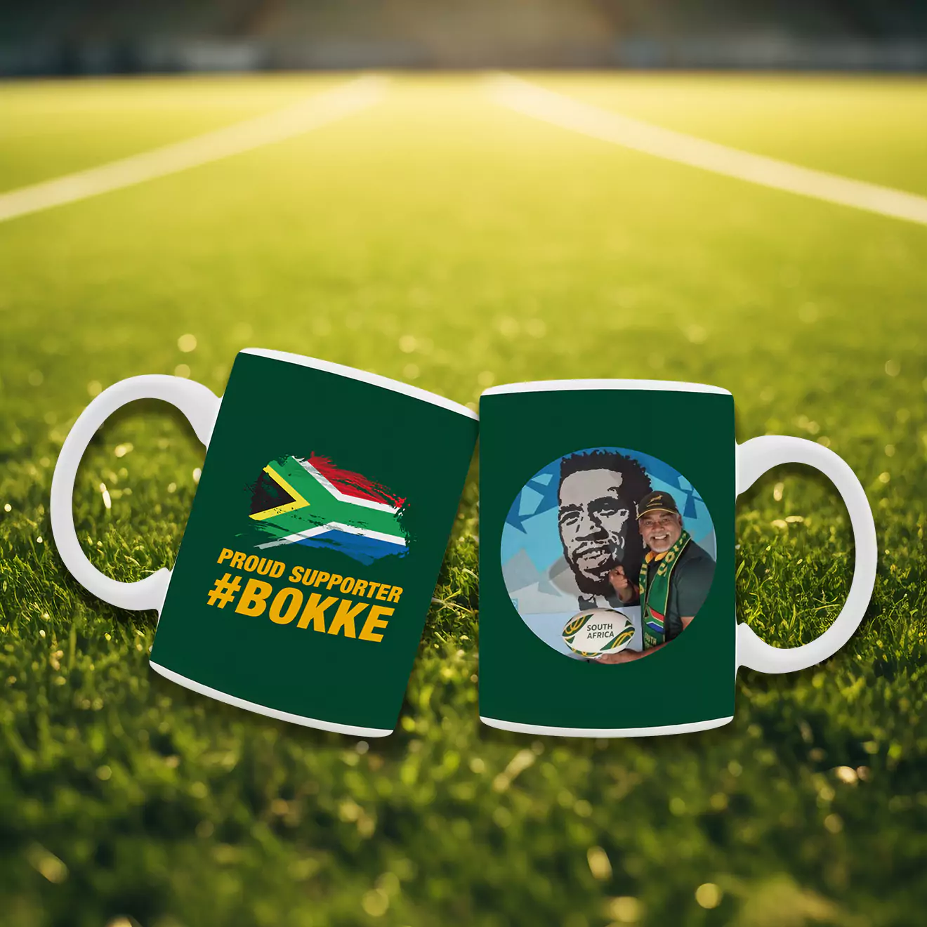 Rugby Supporter personalised mug, emblazoned with our South African team's colours. Ideal for fans who want to show their support while enjoying their morning coffee or tea. Customise with your name, team slogan, or a motivational message to display your passion for the game with every drink.