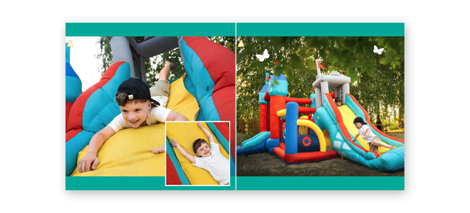 Photobook page layout featuring a colourful inflatable playground. The left page shows a child sliding down a yellow and red slide with a close-up inset of the same child. The right page displays a wider view of the playground with multiple slides and climbing areas.