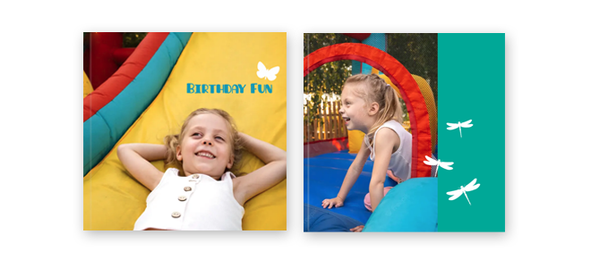 Photo book cover titled ''Natural Love'' featuring vibrant images of a child enjoying a colourful inflatable play area. The left side shows a child lying on a yellow inflatable with ''Birthday Fun'' text and a butterfly graphic, while the right side shows the child playing with dragonfly graphics.