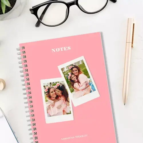 Double-Polaroid themed personalised A5 soft cover notebook, featuring a charming design that mimics the look of two polaroid photos on the cover. Ideal for capturing memories, jotting down daily reflections, or planning adventures in a uniquely personal way.