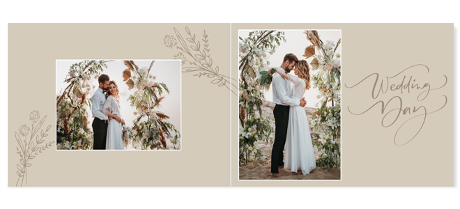 Open spread of a wedding photobook showcasing the happy couple during their outdoor ceremony. The pages are filled with vibrant photos of the bride and groom exchanging vows under a floral arch, with friends and family witnessing the joyous occasion.