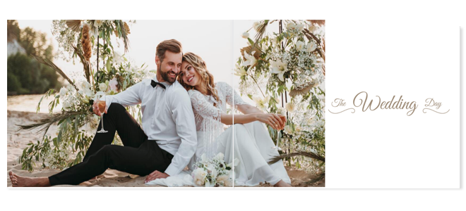 Second spread of the wedding photobook displaying intimate moments from the reception. Features the newlyweds' first dance, heartfelt speeches, and candid shots of guests celebrating. A beautifully designed layout that tells the story of their unforgettable day.