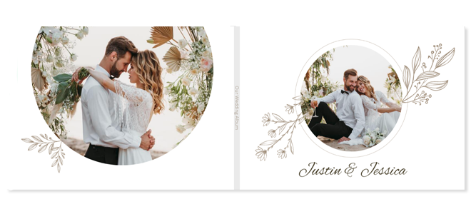 Elegant wedding-themed photobook cover featuring a stunning bride and groom, beautifully dressed in traditional attire, surrounded by delicate floral arrangements. This high-quality photobook is perfect for capturing and preserving the cherished memories of your special day.