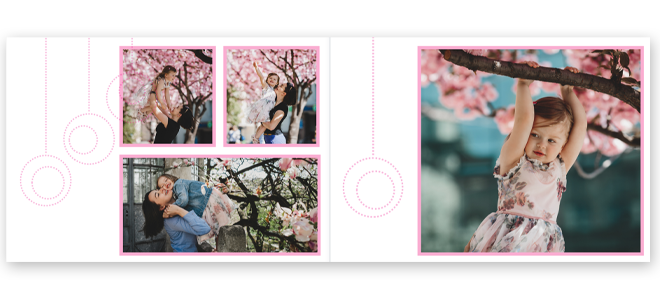 Open photo book with a pink curls theme, featuring multiple photos of a young girl and her family among cherry blossom trees. The pages have a white background with pink borders and circular designs. Ideal for personalised gifts, baby shower gift ideas, and photo albums.