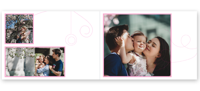 Open photobook with a pink curls theme, featuring family photos bordered in pink. The left page shows two smaller photos of a family outdoors, while the right page displays a larger photo of a family with a child. Ideal for personalised gifts, baby showers, or Christmas presents.