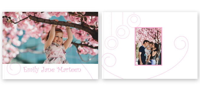 Photobook with a pink curls theme cover featuring a young girl playing under cherry blossoms on the front. The back cover has a smaller photo of a family with pink swirl designs. Ideal for personalised gifts, baby shower gift ideas, or Christmas gifts.