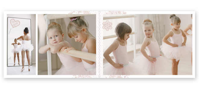 Pretty Pink themed photobook featuring young ballerinas in pink tutus. The photobook showcases three images of girls practising ballet, with delicate floral and heart designs on the pages. Ideal for personalised gifts, baby shower gift ideas, and photo albums.