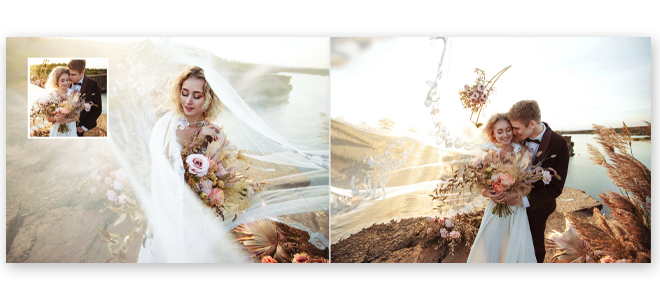 A beautifully designed wedding photo book spread featuring a bride and groom. The left page shows the bride holding a bouquet of flowers, with a smaller inset photo of the couple. The right page displays the couple embracing by a scenic waterfront. Ideal for personalised gifts in South Africa, photo albums, and wedding keepsakes.