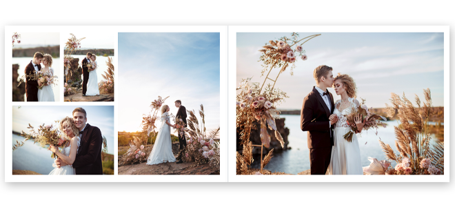 Elegant wedding photo book featuring a couple in various romantic outdoor settings. The album includes full-page and collage-style layouts with high-quality images of the bride and groom. Ideal for wedding gifts, personalised keepsakes, and special occasions.