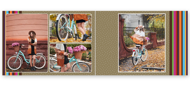 Retro-themed photobook featuring images of a woman with a vintage bicycle adorned with flowers. The layout includes multiple photos with a polka dot background and colourful striped borders. Ideal for personalised gifts, photo albums, and special occasions like birthdays or Christmas.