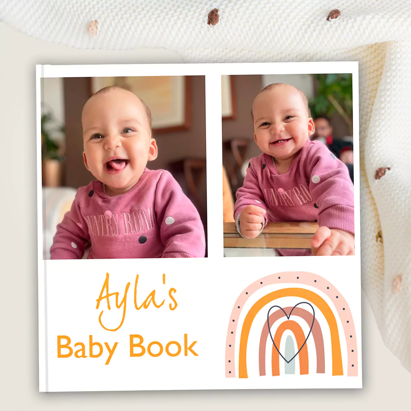 Baby Ayla theme personalised 30cm hardcover photobook, with soft pastel colours and lovely designs, perfect for celebrating your little one’s most precious moments.