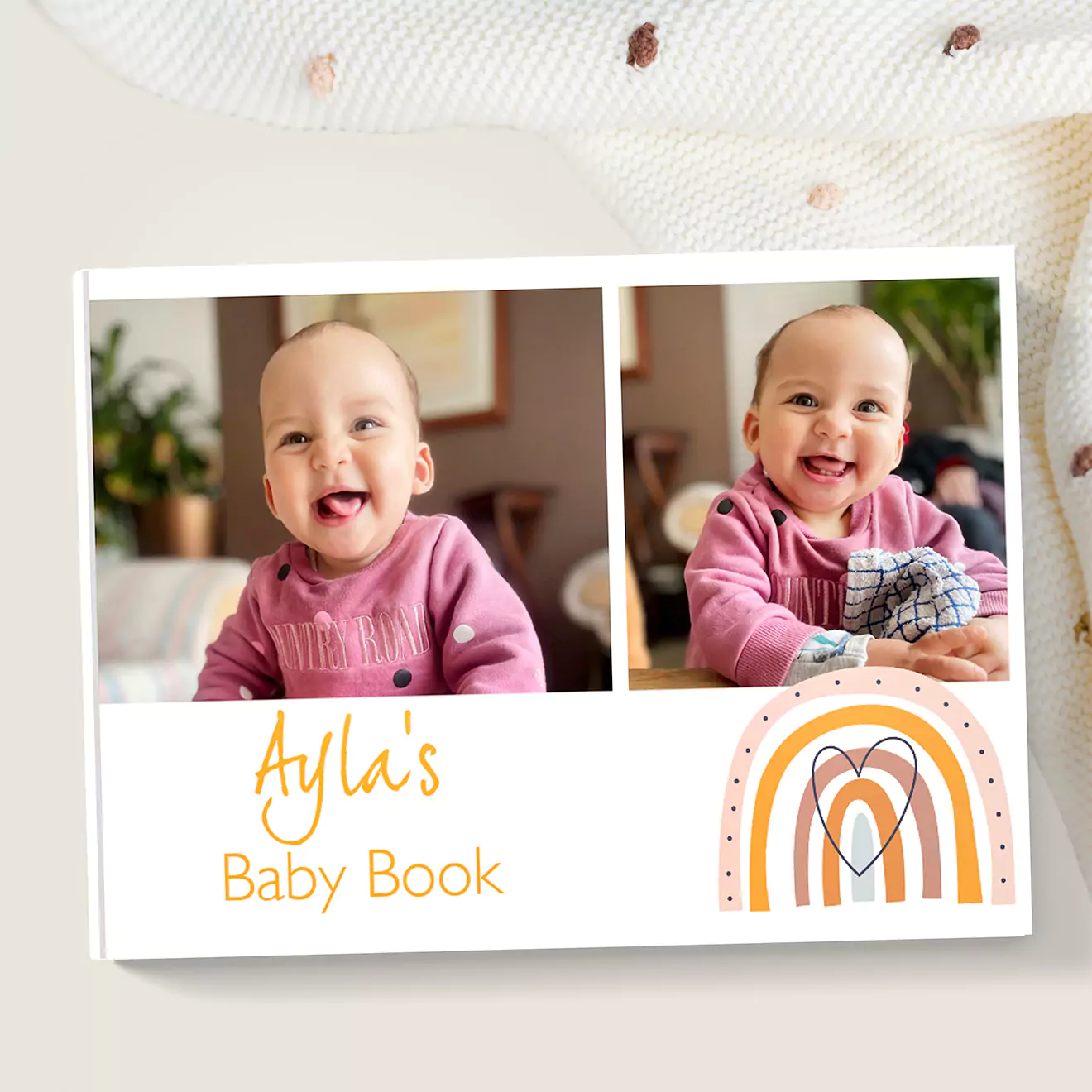 Baby Ayla's A4 personalised hardcover photobook, featuring cherished moments and milestones, with a design that lovingly highlights her early adventures and discoveries.