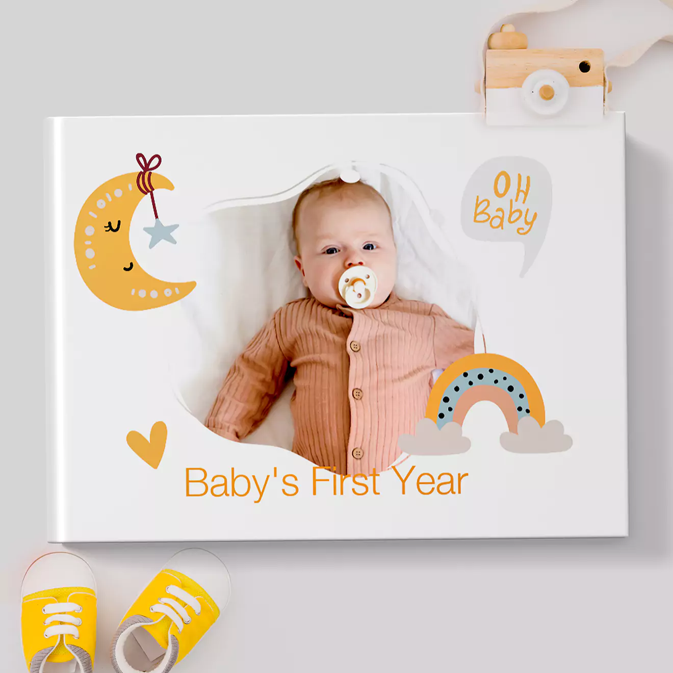 Baby's First Year personalised a4 hardcover photobook, capturing each precious moment and milestone from their very first smile to their first steps, in a beautifully designed keepsake.