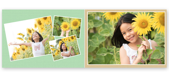 Photo book with a ''Simplicity'' theme featuring a collage of images of a young girl in a sunflower field. The left page has a green background with multiple smaller photos, while the right page showcases a large, single photo. Ideal for personalised gifts, photo albums, and special occasions.