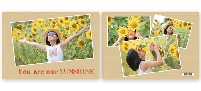 Photobook cover with a ''Simplicity'' theme, featuring a collage of vibrant sunflower field photos. The cover includes a large image of a joyful girl with outstretched arms and smaller images of her among sunflowers. The text ''You are our SUNSHINE'' is printed in red on a beige background. Ideal for personalised gifts, photo albums, and special occasions.