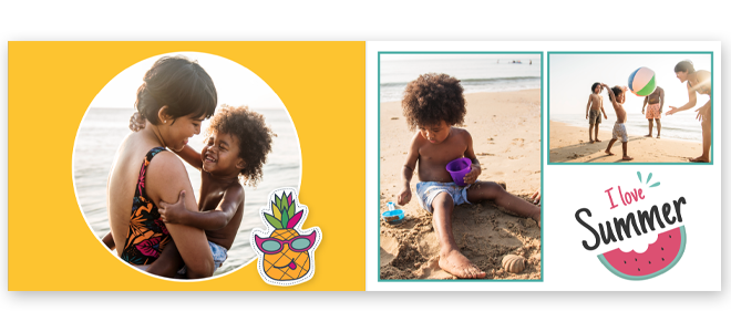 Summer-themed photobook featuring vibrant beach scenes. Left page showcases a mother and child embracing at the beach with a yellow background and pineapple graphic. Right page includes a child playing in the sand and a family with a beach ball, accompanied by ''I love Summer'' watermelon graphic. Ideal for personalised gifts in South Africa, photo albums, and summer memories.