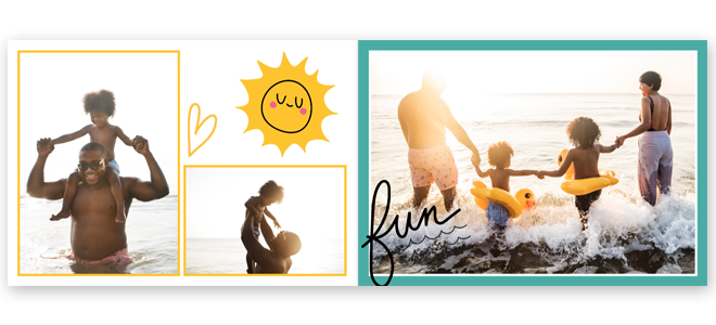 Open summer-themed photobook spread featuring a family enjoying a beach day. The left page has three photos with yellow borders, including a sun illustration and a heart doodle. The right page shows a family holding hands and playing in the ocean waves, with the word "fun" written in black.