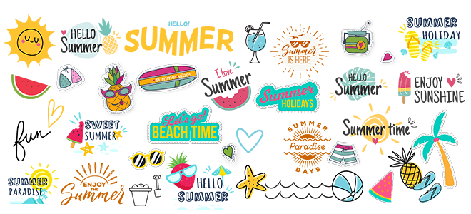 A vibrant collection of summer-themed clipart featuring various illustrations and text. Includes images of the sun, watermelon slices, pineapples, sunglasses, surfboards, cocktails, and palm trees. Text phrases include "Hello Summer," "Beach Time," "Summer Holidays," and "Enjoy Sunshine." Ideal for personalised gifts, photo albums, and summer-themed projects.