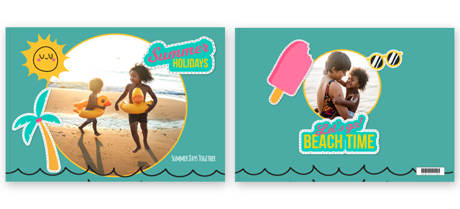 Summer-themed photobook cover featuring vibrant beach imagery. The front cover shows two children playing on the beach with floaties, under a bright sun and palm tree graphic, with the text ''Summer Holidays''. The back cover has a circular photo of children at the beach, with a popsicle and sunglasses graphic, and the text ''Beach Time''. Ideal for capturing summer memories, perfect for personalised gifts in South Africa, photo albums, and photo books.