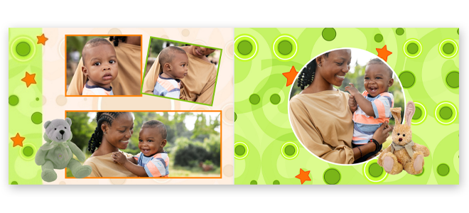 Personalised photo book with a teddy bear theme, featuring a green background with circular patterns and orange stars. The pages display multiple photos of a mother and child, with teddy bear illustrations. Ideal for baby shower gifts, Christmas gift ideas, and keepsakes.