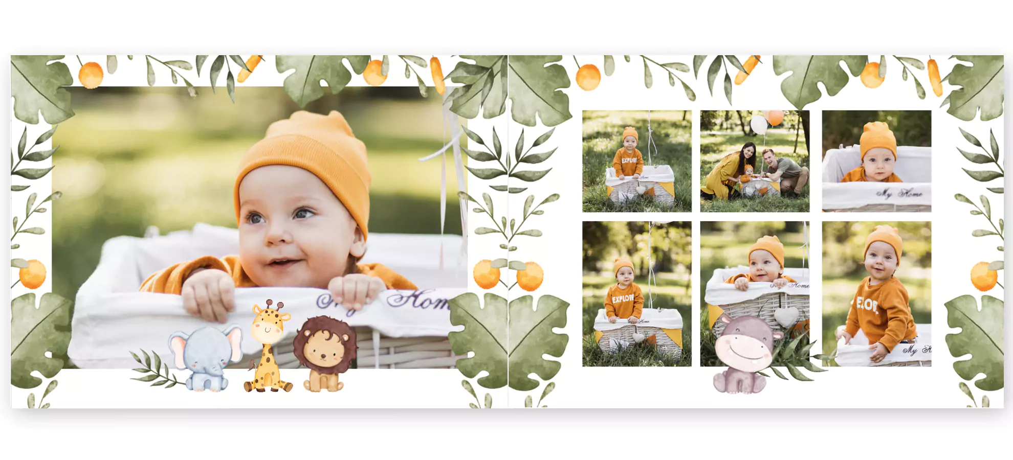 Wild One themed photo book featuring a baby in various adorable poses. The pages are decorated with playful jungle animals like lions and elephants, and leafy green and orange accents. Ideal for baby shower gift ideas, personalised gifts in South Africa, and photo albums.