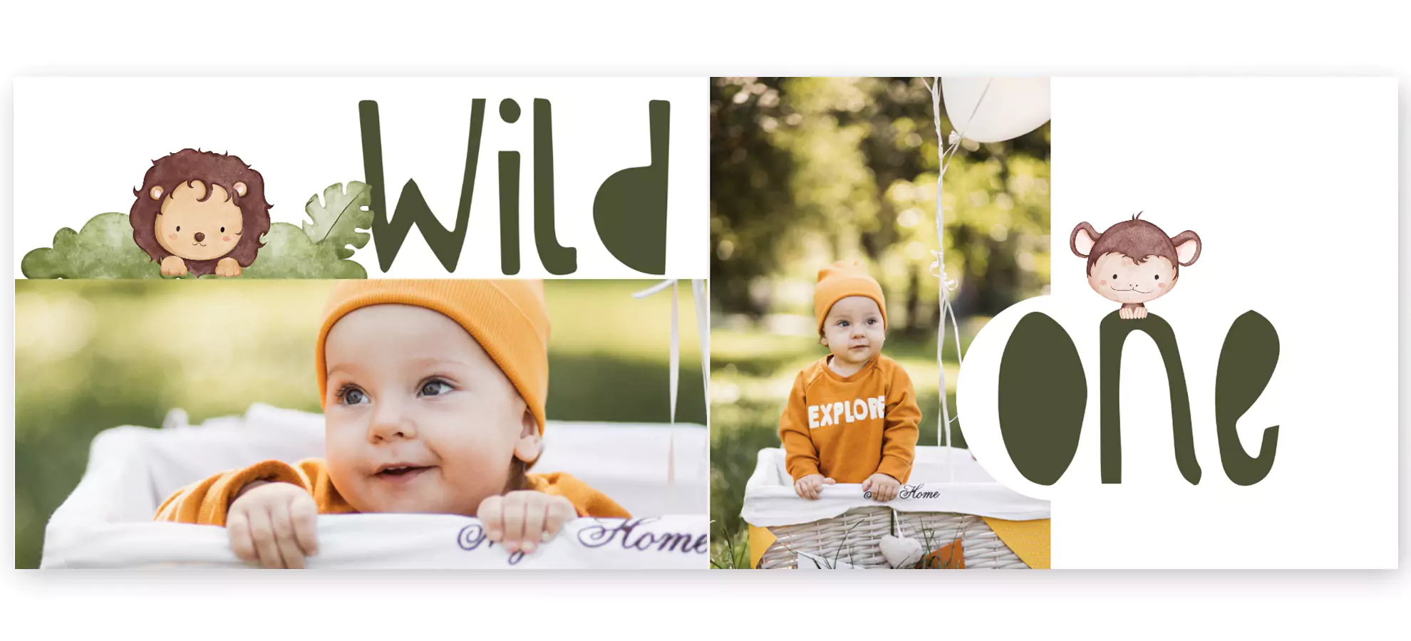 Personalised photo book with a ''Wild One'' theme, featuring adorable baby photos and playful animal illustrations. Ideal for baby shower gift ideas, this photo album book showcases a cute lion and monkey design, perfect for capturing precious moments of a baby''s first year.