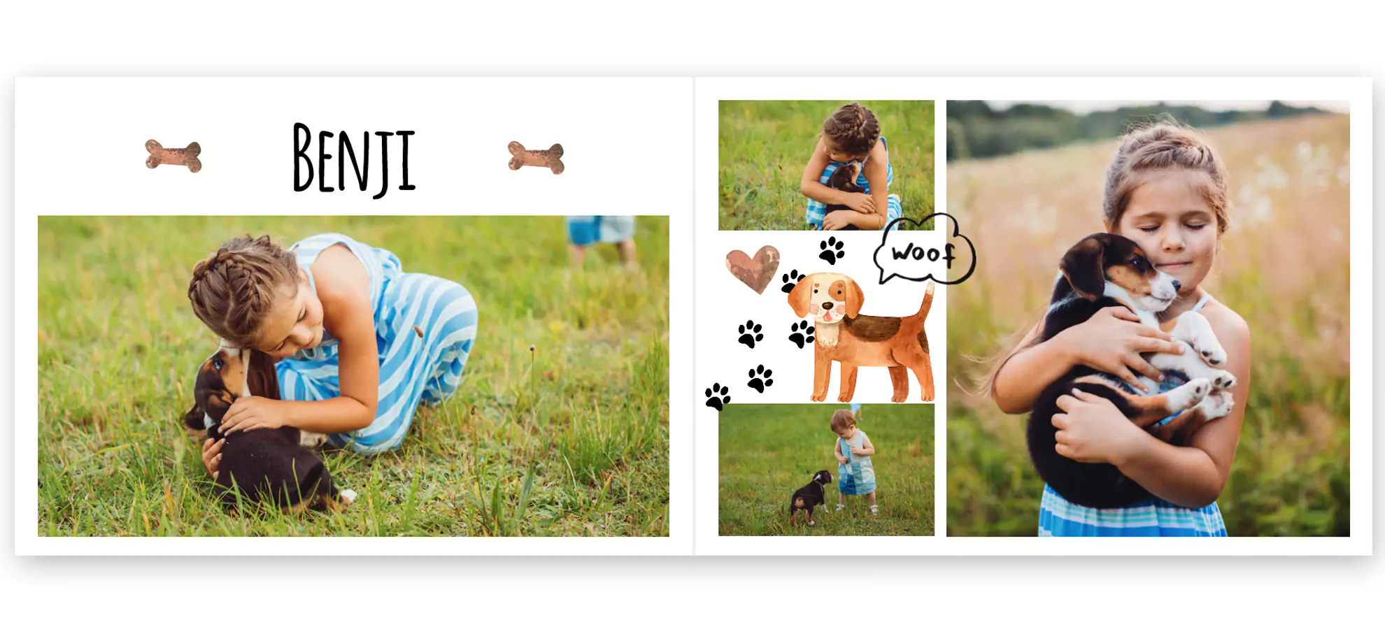 Personalised photo book featuring a ''Year in Review'' theme. The open pages display a young girl in a blue dress playing with a puppy in a grassy field. The layout includes multiple photos, playful dog-themed stickers, and the name ''Benji'' with bone illustrations. Ideal for capturing cherished memories and making thoughtful gifts.