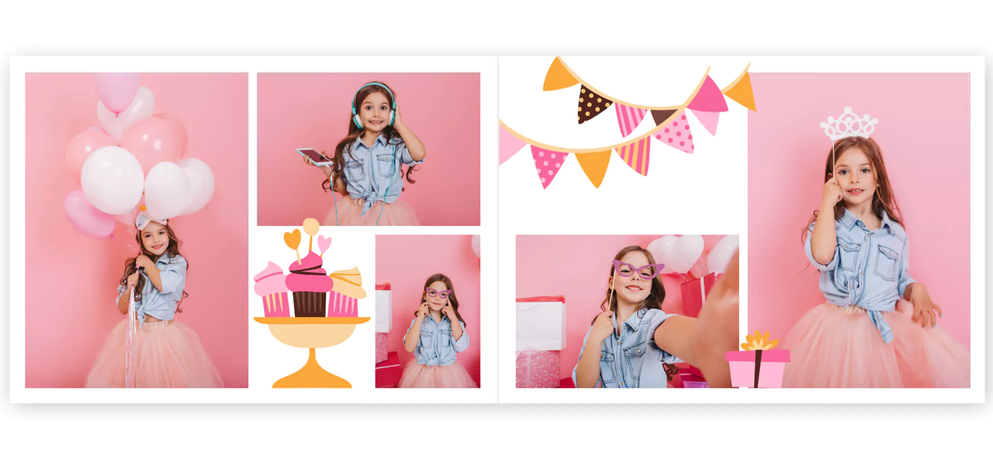 A colourful photobook spread featuring a young girl in a denim shirt and pink tutu, celebrating a birthday. The pages are decorated with images of cupcakes, balloons, and bunting, creating a festive theme. Ideal for personalised gifts, baby shower gift ideas, and photo albums.