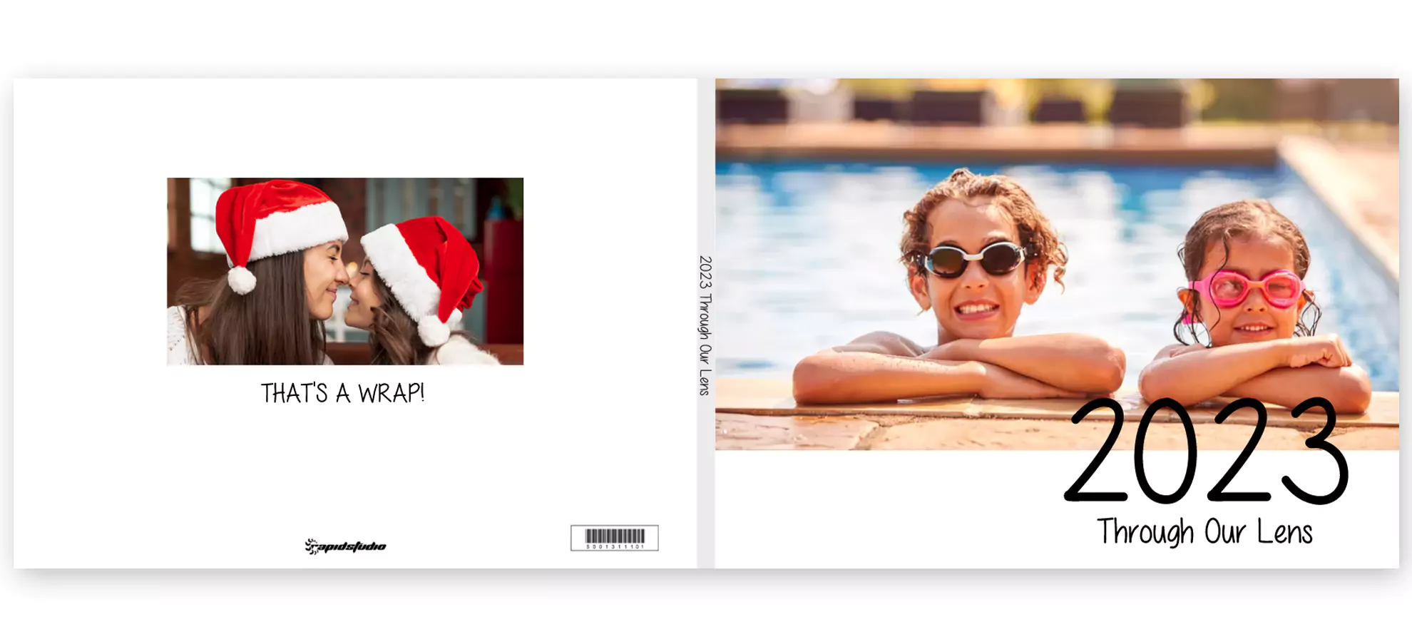 Cover of a 2023 themed year-in-review photobook. The front cover features a photo of two children in a swimming pool, wearing goggles, with the text ''2023 Through Our Lens.'' The back cover shows a festive image of two people in Santa hats with the text ''THAT''S A WRAP!'' Ideal for personalised gifts, photo albums, and Christmas gift ideas.