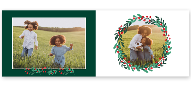 Christmas-themed photo book featuring two children playing in a field. The left page has a green border with festive holly decorations, while the right page showcases a circular wreath design with red berries and green leaves surrounding the photo. Ideal for personalised Christmas gifts.